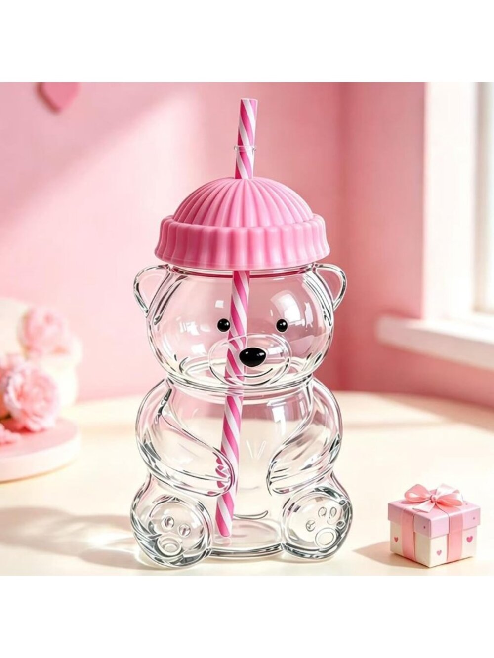 Cute Bear Glass Cup with Lid & Straw | 20 oz Sippy Mug for Drinks | Perfect